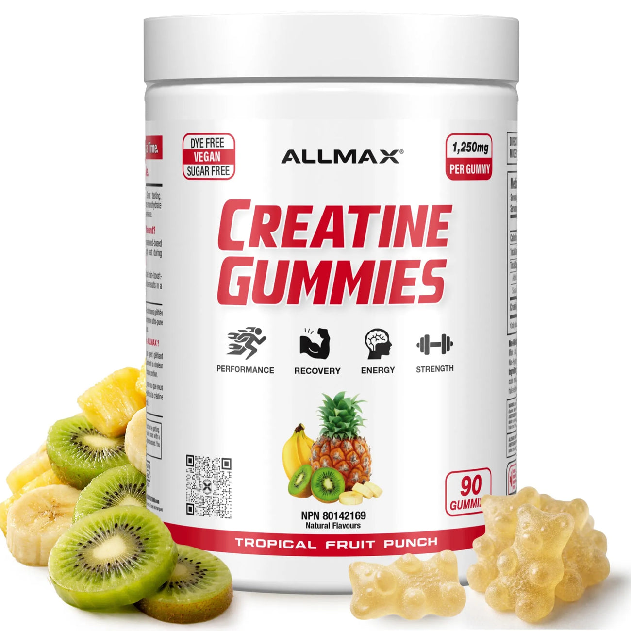 ALLMAX Creatine Gummies Tropical Fruit Punch 90 count tub