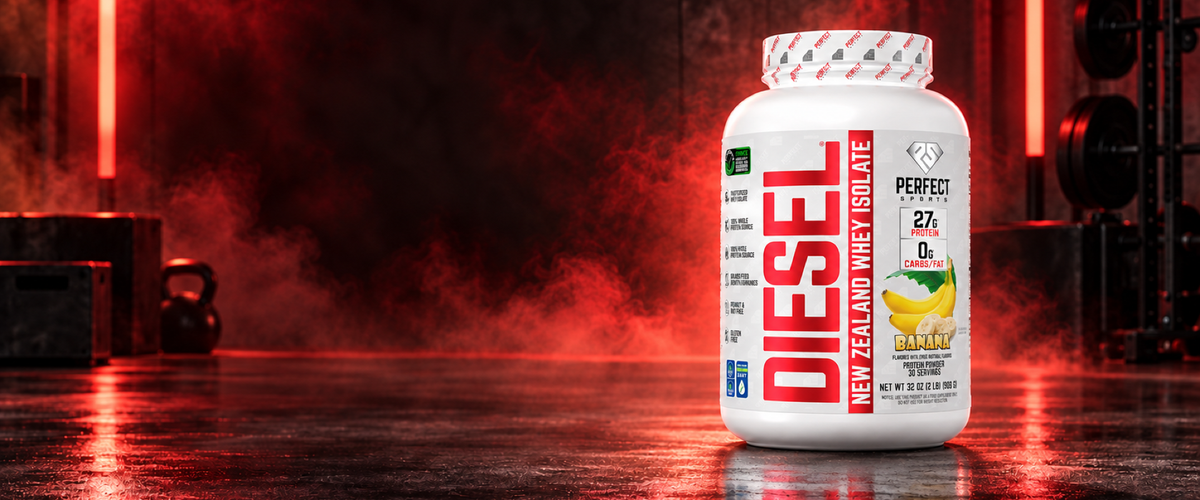 DIESEL New Zealand Whey Isolate in a red strength-training studio
