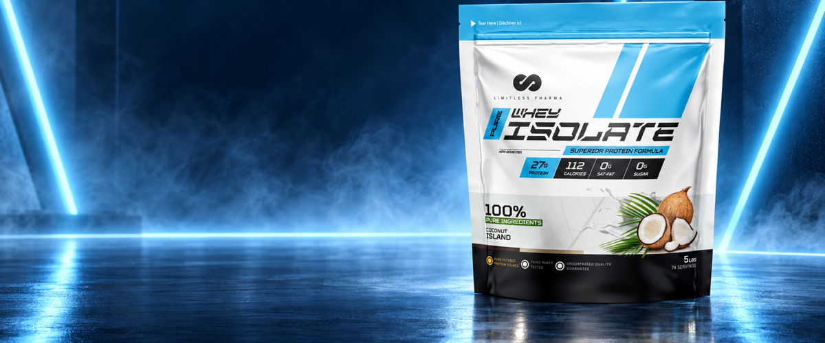 Limitless Pharma Whey Isolate in a blue performance studio